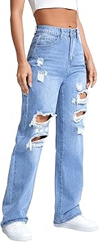 SweatyRocks Women's Ripped Straight Leg Jeans High Waist